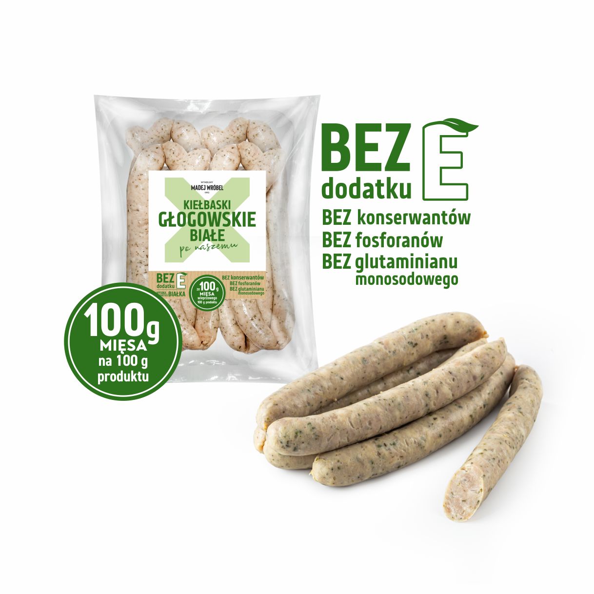 Kiełbaski głogowskie białe około 600 g bez E Madej Wróbel