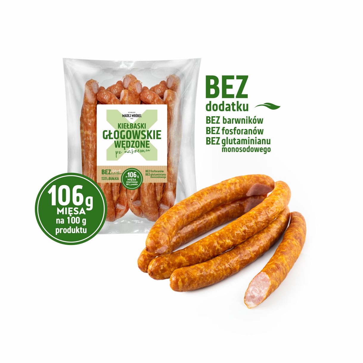 Kiełbaski głogowskie wędzone około 600 g bez E Madej Wróbel