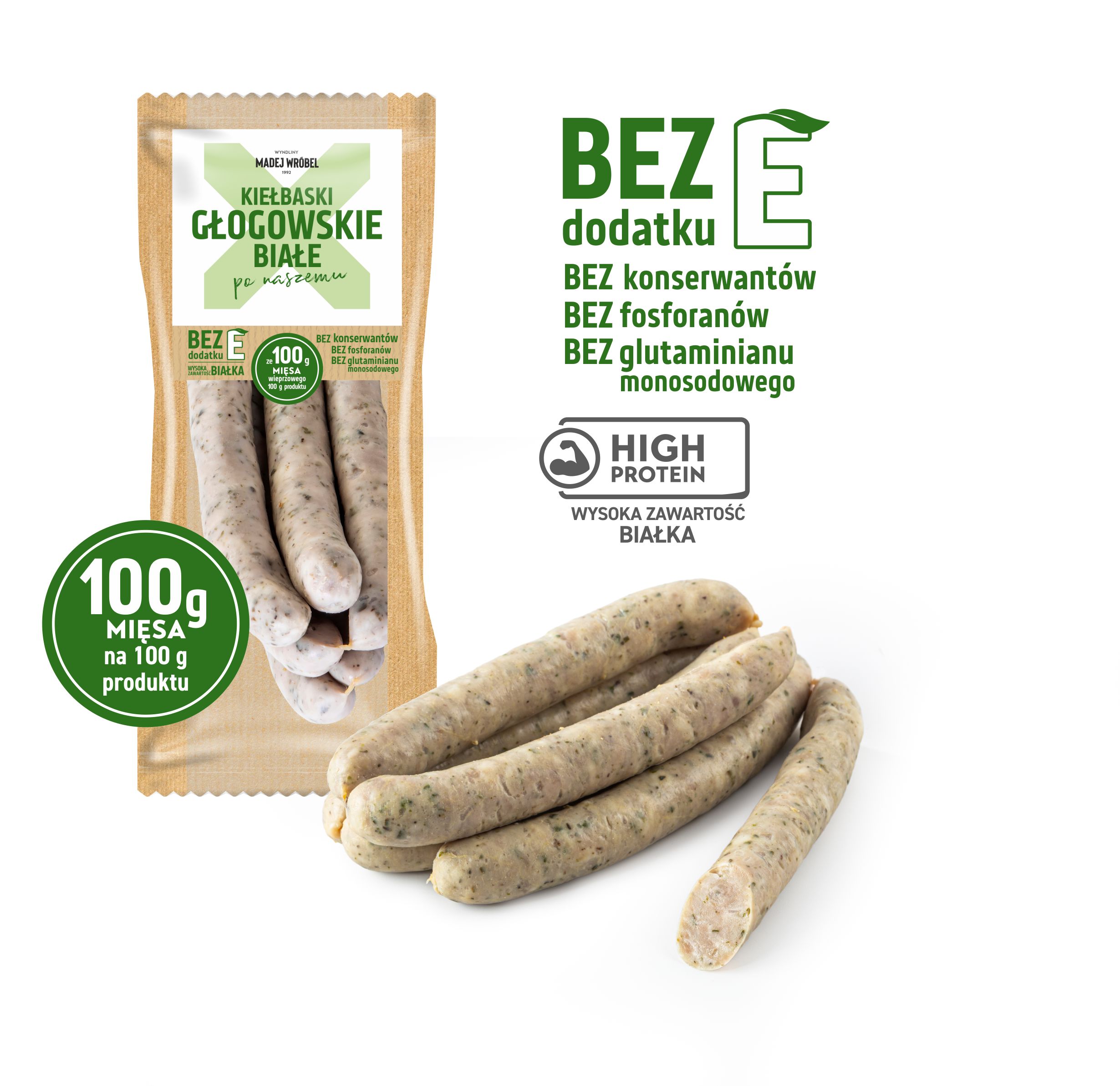 Kiełbaski głogowskie białe 220 g bez E Madej Wróbel